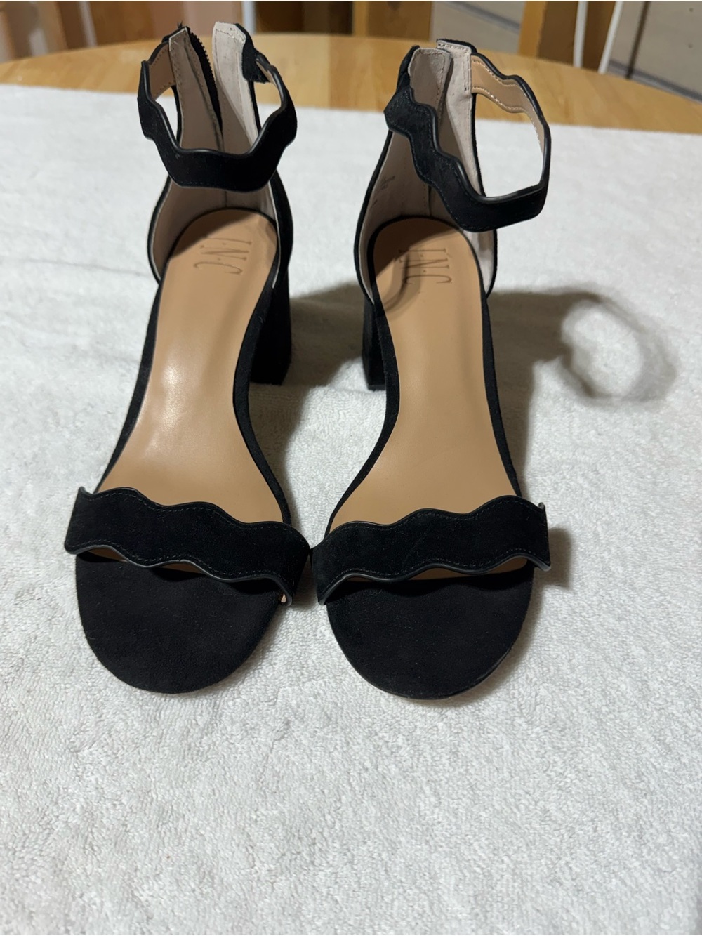 INC International Concepts Black Scalloped Block Heel Sandals